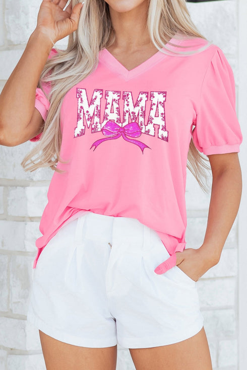 Women's Bonbon Pink Floral Sequin V-Neck Top for Women with Stylish MAMA Lettering - Perfect for Casual or Dressy Events