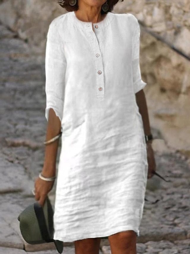 White Linen-Cotton Henley Shift Dress for Women | MsDressly White Linen-Cotton Henley Shift Dress for Women | MsDressly