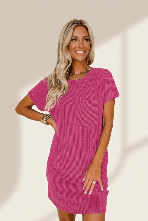 Women's Bright Pink Ribbed Knit Shift Dress with Patch Pocket