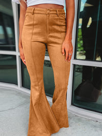 Brown Exposed Seam Flare Suede Pants with Pockets