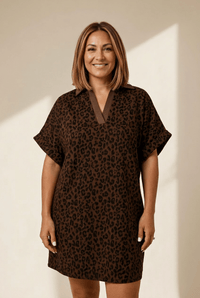 Women's Brown Leopard Print Shift Dress with V-Neck and Contrast Collar