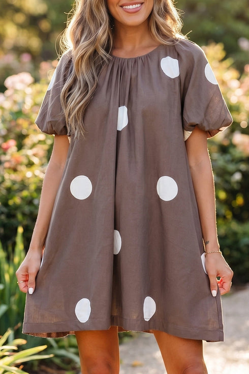 Brown Polka Dot Mini Dress for Women with Knot Back, Short Puff Sleeves, and Loose Fit - Perfect for Casual Outings