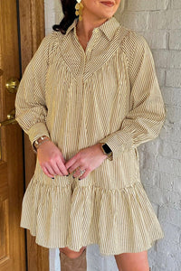 Brown Stripe Collared Neck Cuffed Long Sleeve Drop Waist Mini Dress