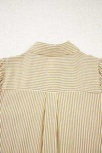 Brown Stripe Collared Neck Cuffed Long Sleeve Drop Waist Mini Dress
