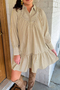 Brown Stripe Collared Neck Cuffed Long Sleeve Drop Waist Mini Dress