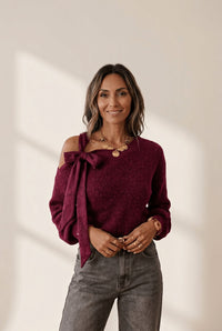 Women's Burgundy Asymmetric Bow Shoulder Knit Sweater