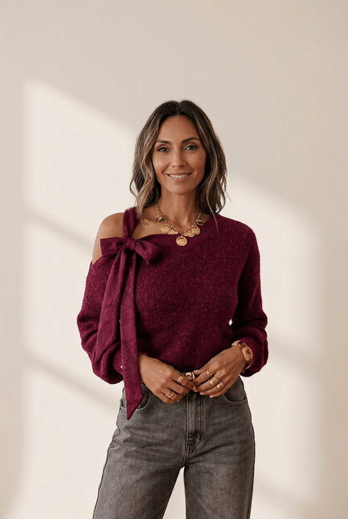 Women's Burgundy Asymmetric Bow Shoulder Knit Sweater