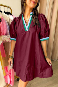 Burgundy Contrast Striped Notched V Neck Puff Sleeve Mini Dress