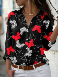 Butterfly Print Button Long Sleeve Blouse