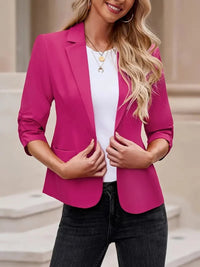 Button Up Solid Blazer with 3/4 Sleeves and Lapel Collar