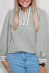 Cozy Women's Light Grey Striped Zip Neck Pullover Sweatshirt - Trendy, Textured Style for Effortless Casual Looks