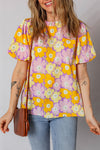 Trendy Women's Purple Floral Puff Sleeve Blouse with Frilled Neck - Stylish Summer Top for Casual Chic Outfits