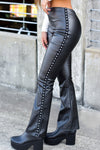 Trendy Women's High-Waisted Black Studded Leather Flare Pants for Chic Casual or Night Out Style