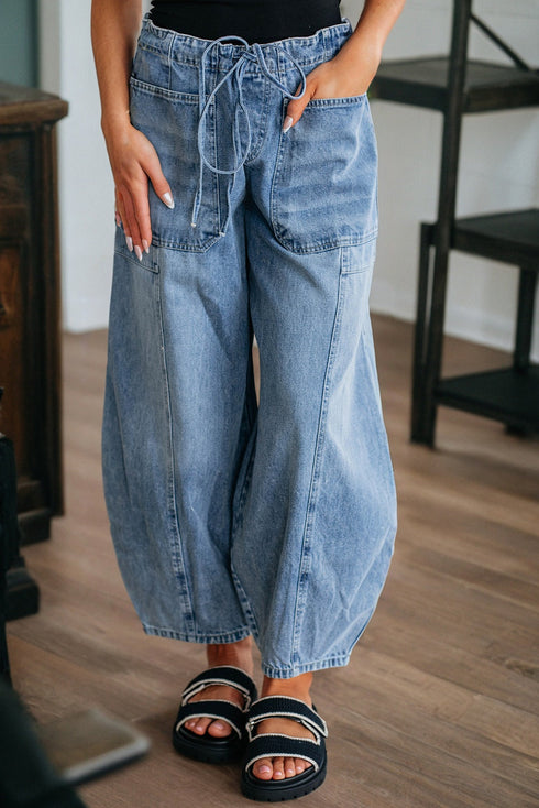 High-Waisted Cotton Blend Barrel Jeans in Medium Blue with practical styling and dependable silhouette control.