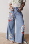 Floral Embroidered Wide Leg Jeans for Women - Stylish Casual Denim Pants for Comfort and Trendy Everyday Wear