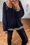 Stylish Women's Navy Blue Varsity V-Neck Sweatshirt with Trendy Contrast Striped Trim for Comfortable Casual Wear