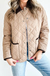 Cozy Women's Color Block Quilted Winter Jacket in Parchment with Snap Buttons and Pockets for Chic Warmth
