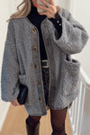 Cozy Women's Medium Grey Puffy Corduroy Jacket with Big Pockets - Stylish Patchwork for Casual Chic Outfits