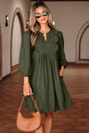 Moss Green Pleated Mini Dress for Women with Scallop Detail and Bracelet Sleeves - Stylish Split Neck Design
