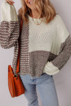 Women's Dark Khaki Color Block Sweater with Back Tie, Drop Shoulder, and Relaxed Fit for Effortless Chic Style