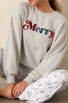 Cozy Women's Light Grey Chenille Sweatshirt with Merry Letter Patch and Drop Shoulder Design for Casual Style