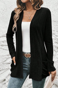 Black Ribbed Open Front Knitted Top with Pockets