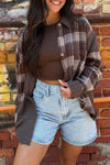 Chic Women's Oversized Brown Retro Plaid Shirt - Casual Patchwork Design for Effortless Everyday Style
