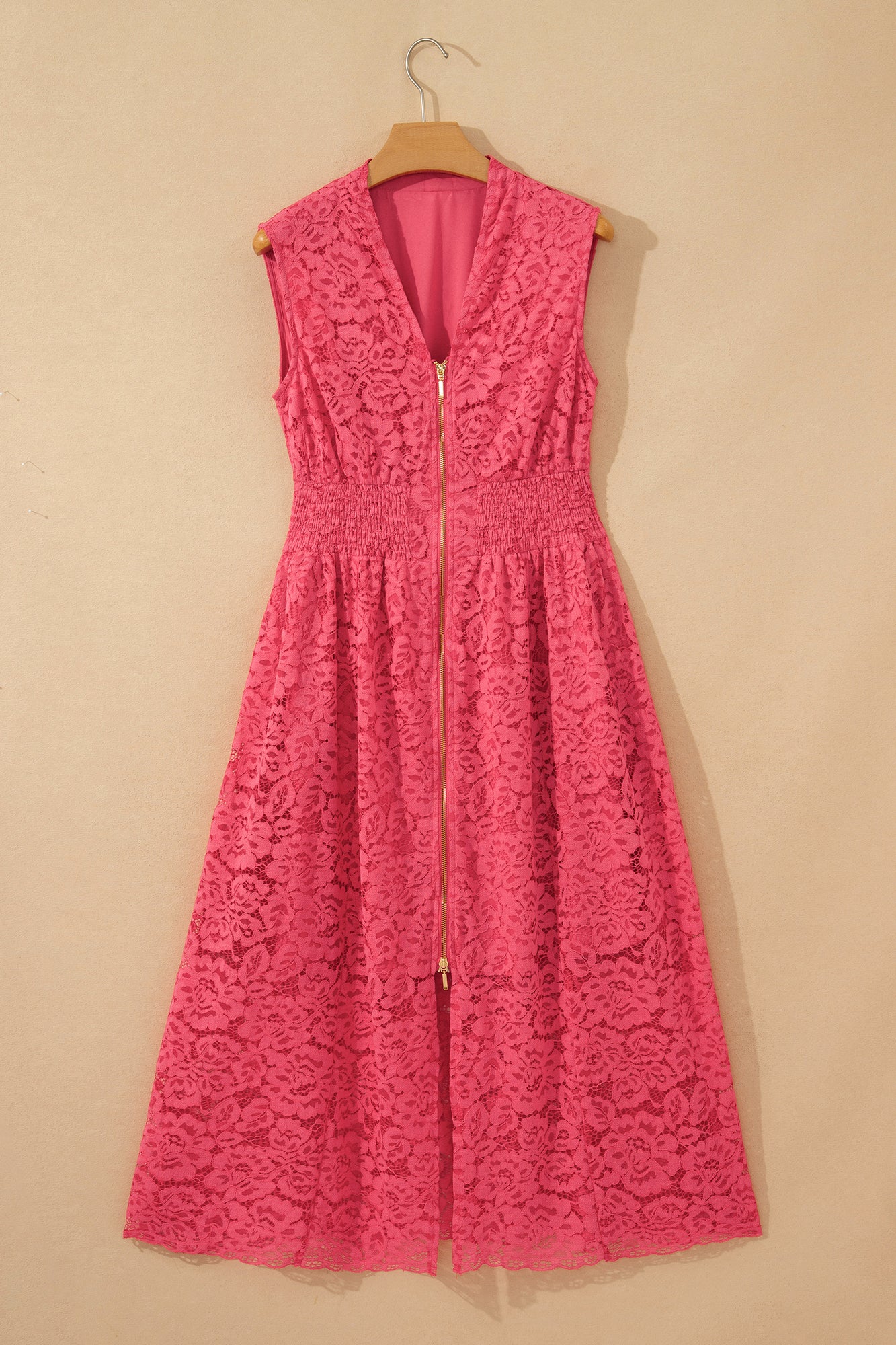 Women's Coral Floral Lace Overlay V-Neck Sleeveless Dress with Smocked MsDressly Women's Coral Floral Lace Overlay V-Neck Sleeveless Dress with Smocked MsDressly