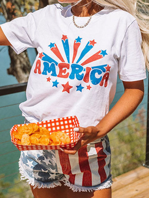 America Flag Print White Round Neck Tee