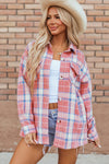 Women's Pink Plaid Shacket with Flap Pockets - Trendy Button-Up Layer for Fall Fashion and Cozy Outfits