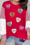 Trendy Women's Cozy Fiery Red Sequin Heart Sweatshirt with Striped Color Block Design for Valentine's Day Fashion