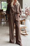 Women's Dark Brown V-Neck Braided Long Sleeve Top & Drawstring High-Waist Pants Set - Casual Loose Fit 2-Piece Outfit