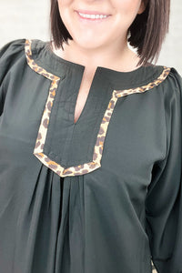 Black Plus Size Notched Neck Leopard Trim Flounce Long Sleeve Shift Dress