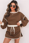 Coffee Color Block Women's Pullover & Lace-Up Waist Skort Set – Chic, Comfortable Outfit for Everyday Style