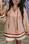 Women's Flowy Brown Striped Long Sleeve Babydoll Blouse - Casual Everyday Wear for Effortless Style