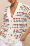 Women's Cozy White Polka Dot Knit Cardigan Sweater with Button Front & V-Neck - Casual Chic for All Seasons