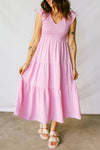 Women's Elegant Pink Flutter Sleeve Midi Dress with Smocked Bodice & Tiered Fit for Effortless Style