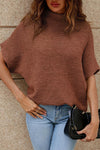 Cozy Women's High Neck Coffee Sweater with Short Bat Sleeves - Chic Knit Top for Fall and Winter Style