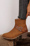 Stylish Women's Chestnut Faux Leather Ankle Boots with Eyelet Detail & Buckled Chunky Heel for All-Day Comfort