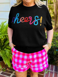 Sparkling Black Glitter Tinsel Cheers Plus Size Short Sleeve Sweater