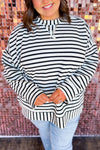 Plus Size Women's Black Striped Drop Shoulder Pullover with Elegant Stitching for Chic Comfort and Style