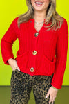 Cozy Women's Fiery Red Chunky Knit Cardigan with Gold Buttons - Stylish Layering Essential for Fall Fashion