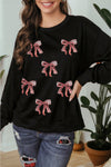 Festive Women's Black Sequin Sweatshirt with Ribbon Bow, Drop Shoulder Style for a Comfortable Holiday Look