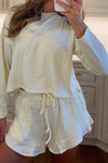 Cozy Women's Yellow Gingham Pajama Set - Long Sleeve Loose Top & Drawstring Shorts for Relaxed Sleepwear Comfort