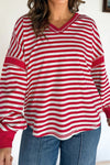 Trendy Women's Red Striped Balloon Sleeve V-Neck Pullover with Exposed Seams - Cozy Casual Knitwear for Fall Fashion