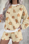 Cozy Beige Gingerbread Man Print Long Sleeve Pullover and Shorts Set for Women – Festive Holiday Loungewear Outfit