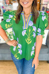 Chic Women's Green Floral Blouse with Short Puff Sleeves & Striped Contrast - Versatile V-Neck Top for Every Occasion