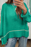 Cozy Sea Green Women's Baggy Sweater with Contrast Details and Trendy Drop Shoulder Design