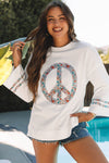 Women's Jet Stream Floral Peace Sign Graphic Tee with Drop Shoulder, Wide Sleeves, and Casual Fit for Everyday Wear