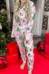 Cozy Women's Pink Christmas V-Neck Pullover & Drawstring Pants 2-Piece Lounge Set for Festive Holiday Comfort